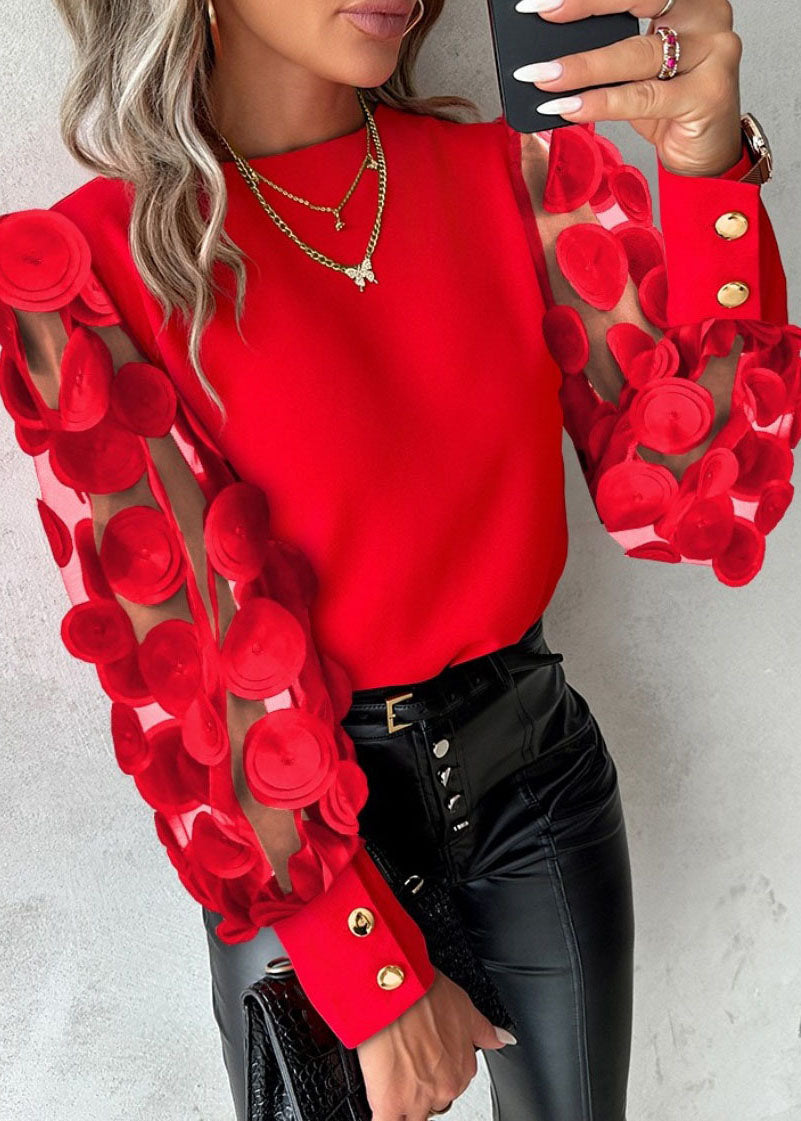 Stilvolles blaues O-Ausschnitt-Patchwork-Chiffon-Top mit Blütenblattärmeln TL040