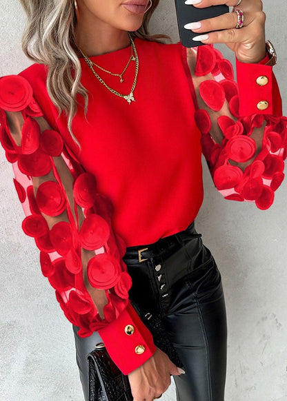 Stilvolles blaues O-Ausschnitt-Patchwork-Chiffon-Top mit Blütenblattärmeln TL040