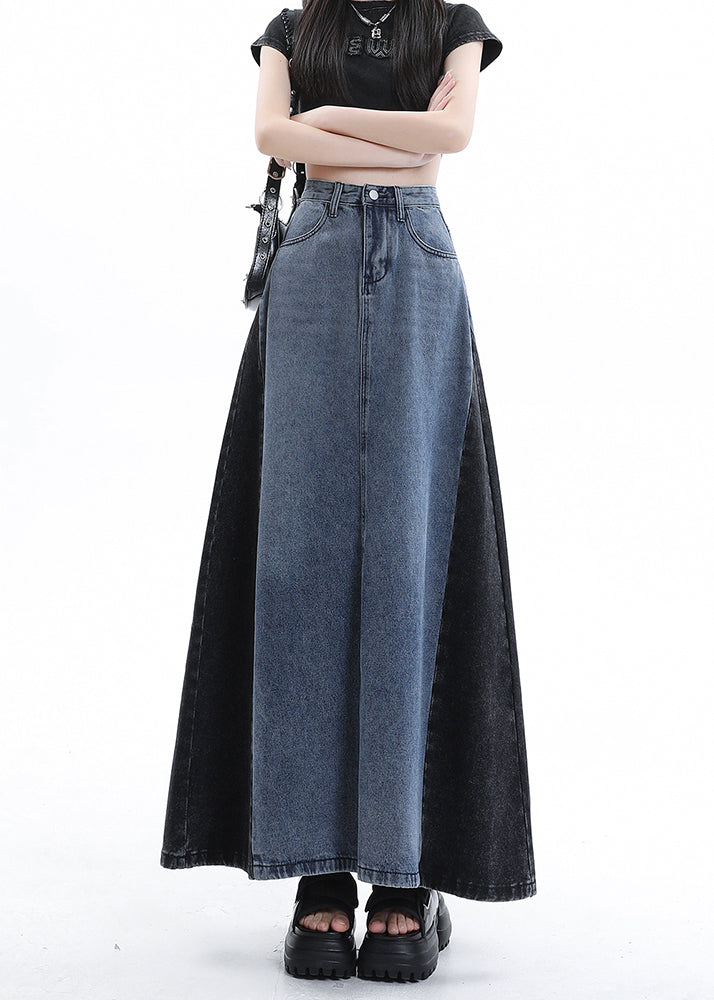 Stilvolle Blau Patchwork Hohe Taille Denim Maxi Röcke Sommer EE1025