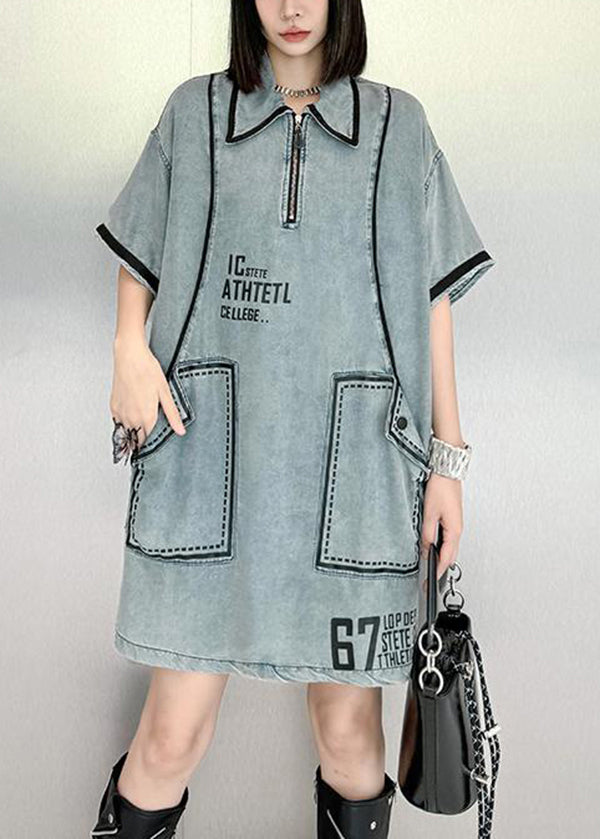 Stylish Blue Peter Pan Collar Graphic Denim Mid Dresses Summer QK018