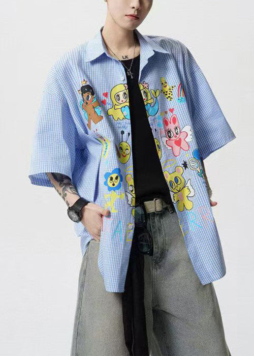 Pan Peter Sommer Print Stilvolle Blaue Hemden Herren Baumwolle Kragen