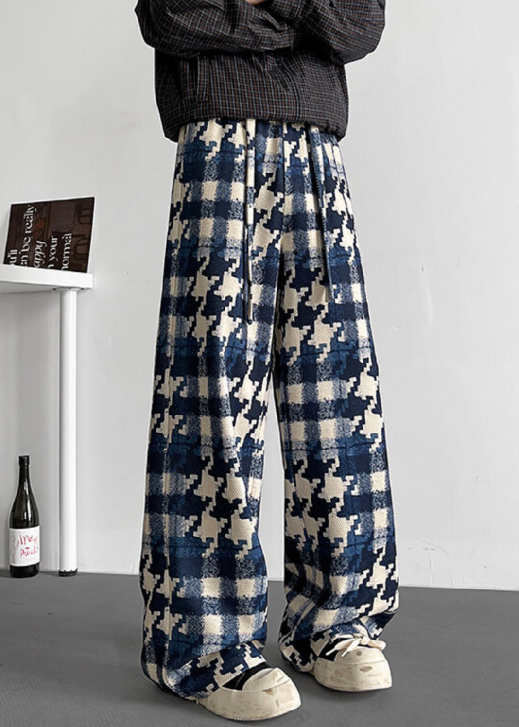 Elastische Taille Herren Baumwolle Plaid Stilvolle Herbst Hose Blau
