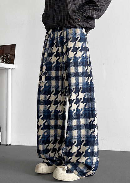 Elastische Taille Herren Baumwolle Plaid Stilvolle Herbst Hose Blau