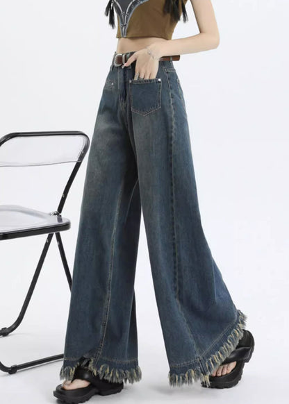 Pantalon en jean taille haute avec poches bleues élégantes pour l'été PP015