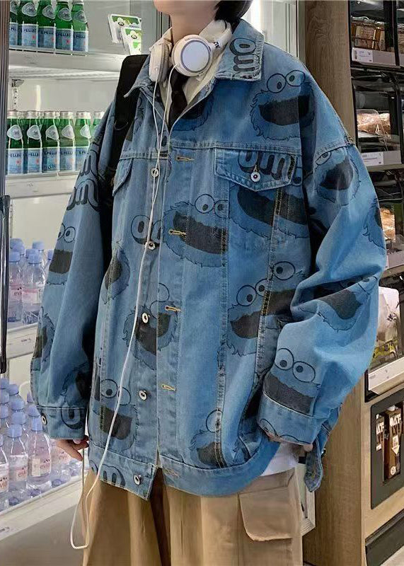 Manteaux en denim bleus à imprimé printanier pour hommes