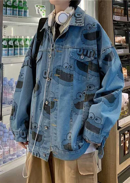 Manteaux en denim bleus à imprimé printanier pour hommes
