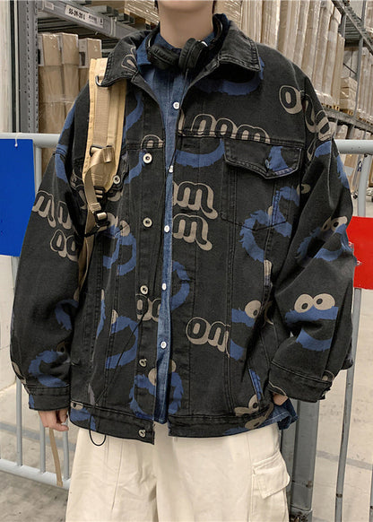 Manteaux en denim bleus à imprimé printanier pour hommes