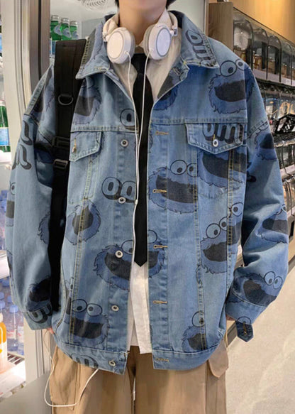Manteaux en denim bleus à imprimé printanier pour hommes
