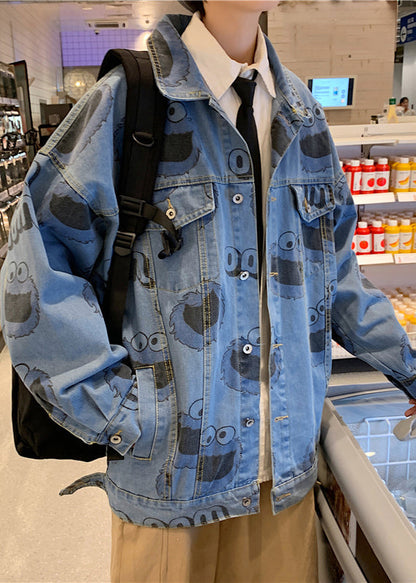 Manteaux en denim bleus à imprimé printanier pour hommes