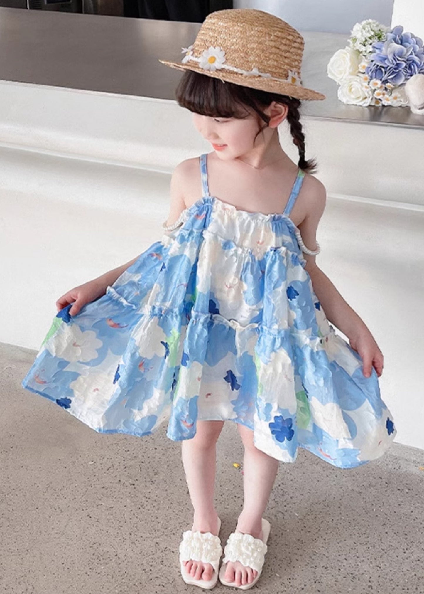 Stylish Blue Ruffled Print Cotton Girls Mid Dress Sleeveless EW064