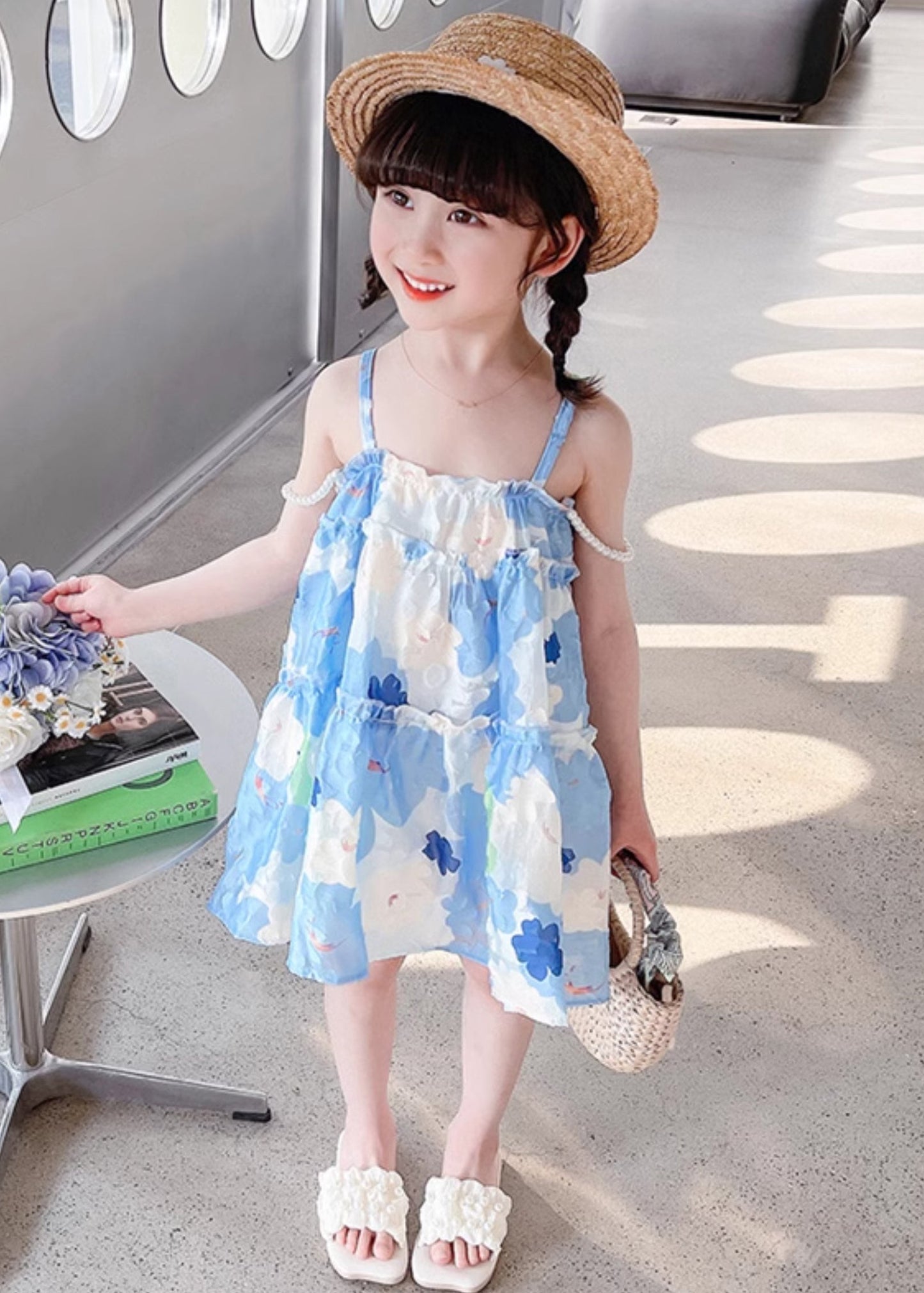 Stylish Blue Ruffled Print Cotton Girls Mid Dress Sleeveless EW064