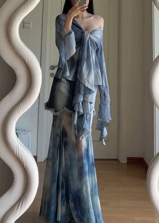 Ensemble de teinture en tulle patchwork élégant avec deux évasements en dentelle bleue