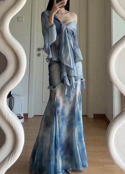 Ensemble de teinture en tulle patchwork élégant avec deux évasements en dentelle bleue