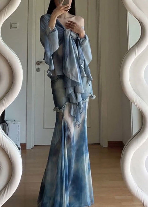 Ensemble de teinture en tulle patchwork élégant avec deux évasements en dentelle bleue