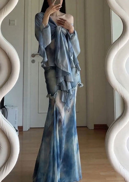 Ensemble de teinture en tulle patchwork élégant avec deux évasements en dentelle bleue