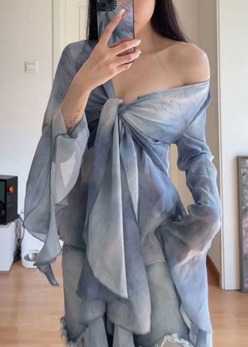 Ensemble de teinture en tulle patchwork élégant avec deux évasements en dentelle bleue