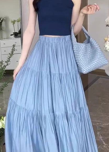 Jupe élégante en coton taille haute à patchwork froissé bleu pour l'été ZL072