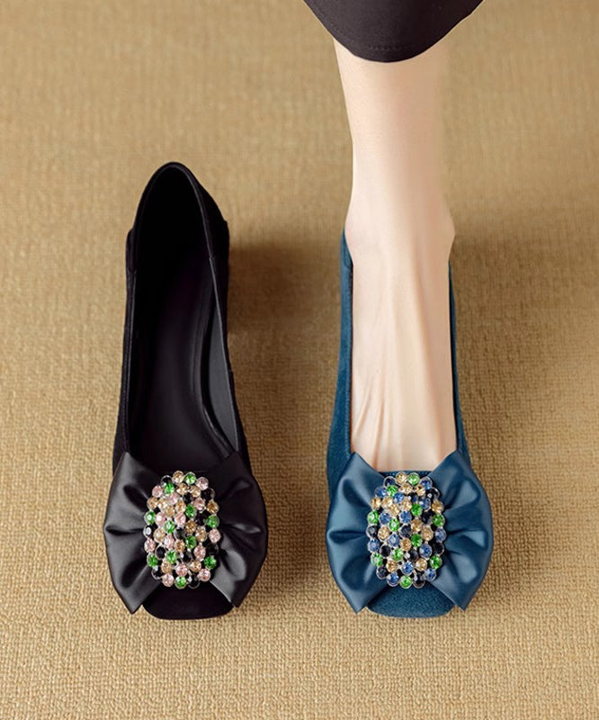 Zircon Penny Blue Stylish Bow Chunky Suede Splicing Loafers