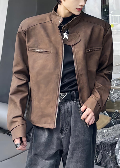 Manteau élégant en similicuir marron à col montant et fermeture éclair pour homme, printemps RN034