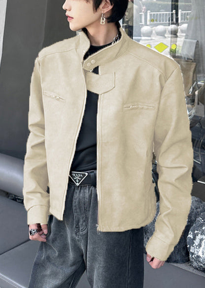 Manteau élégant en similicuir marron à col montant et fermeture éclair pour homme, printemps RN034