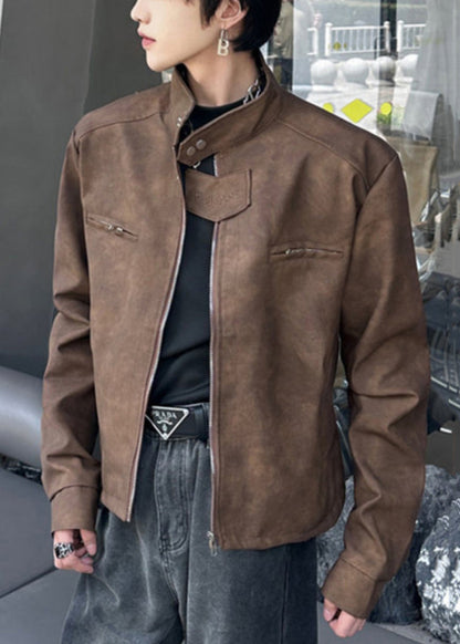 Manteau élégant en similicuir marron à col montant et fermeture éclair pour homme, printemps RN034