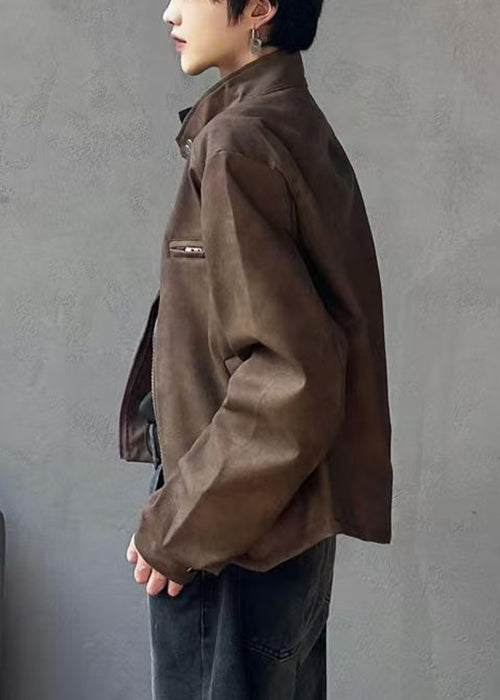 Manteau élégant en similicuir marron à col montant et fermeture éclair pour homme, printemps RN034