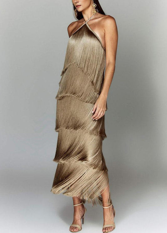 Robe d'été en soie marron élégante dos nu à pompons