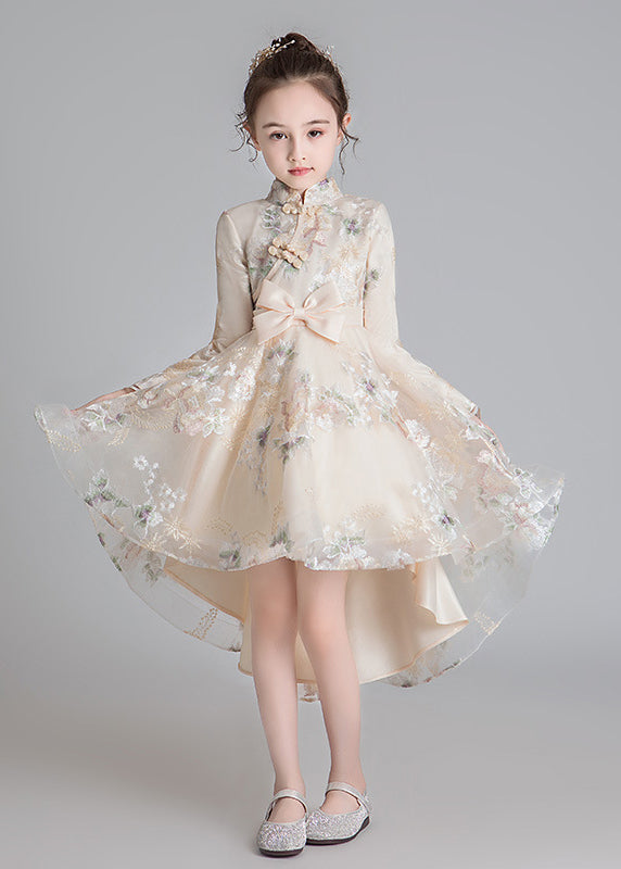 Stylish Champagne Stand Collar Embroideried Low High Design Tulle Girls Long Dresses Fall QV002