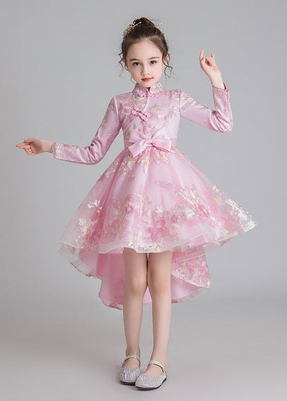 Robe longue en tulle à col montant et broderies pour filles, élégante, couleur champagne, automne QV002