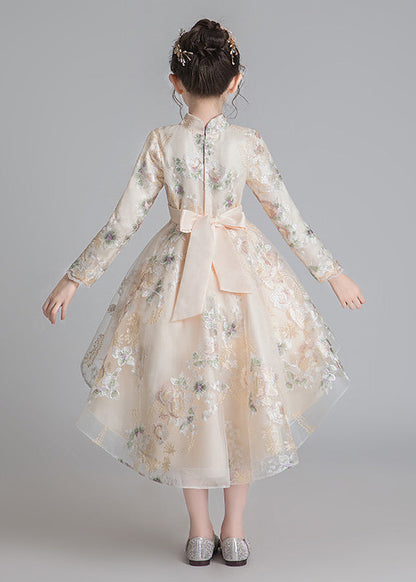 Robe longue en tulle à col montant et broderies pour filles, élégante, couleur champagne, automne QV002