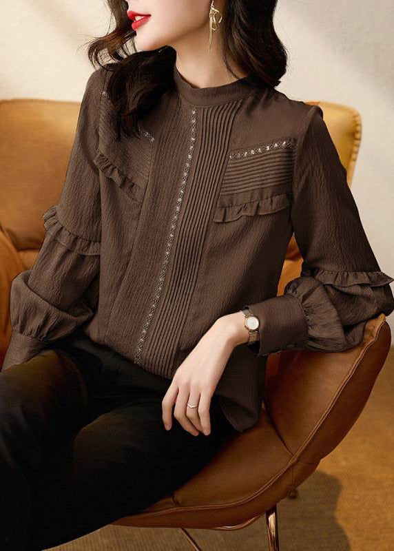 Chemise patchwork à volants et col rond chocolat élégante, printemps TE027