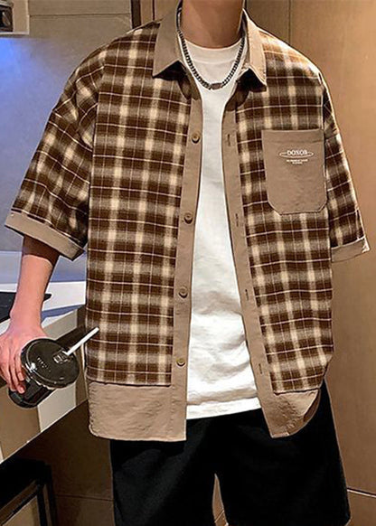 Chemises d'été en coton à carreaux pour hommes, élégantes et boutonnées, couleur café
