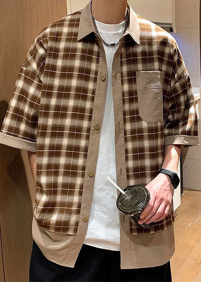 Chemises d'été en coton à carreaux pour hommes, élégantes et boutonnées, couleur café