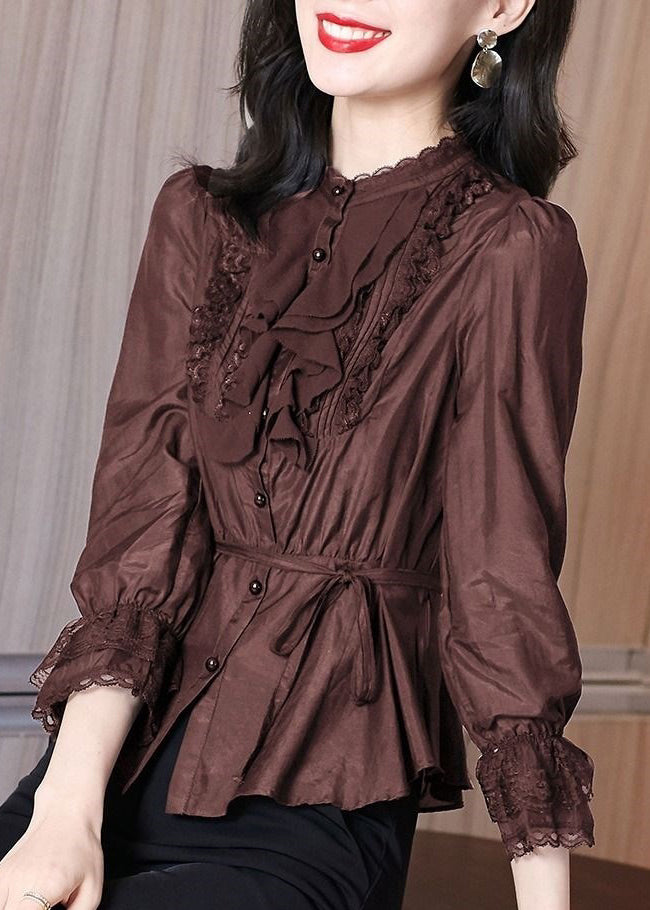 Chemise élégante en patchwork de dentelle à nouer à la taille, printemps RL002