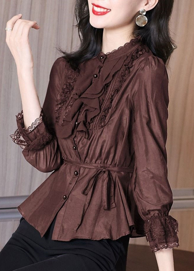 Chemise élégante en patchwork de dentelle à nouer à la taille, printemps RL002