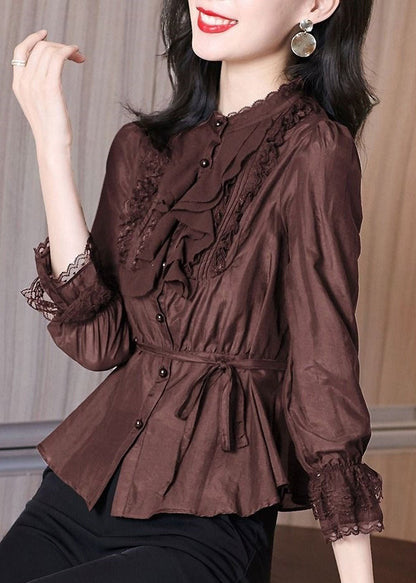 Chemise élégante en patchwork de dentelle à nouer à la taille, printemps RL002
