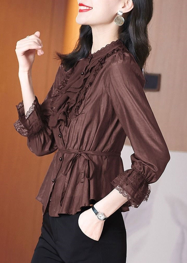Chemise élégante en patchwork de dentelle à nouer à la taille, printemps RL002