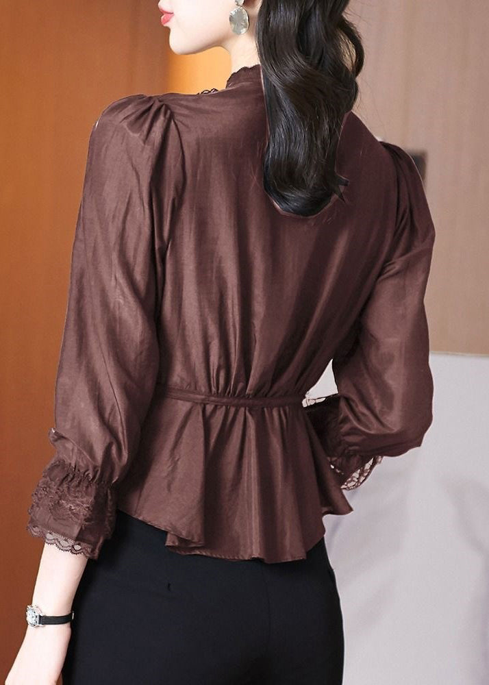 Chemise élégante en patchwork de dentelle à nouer à la taille, printemps RL002