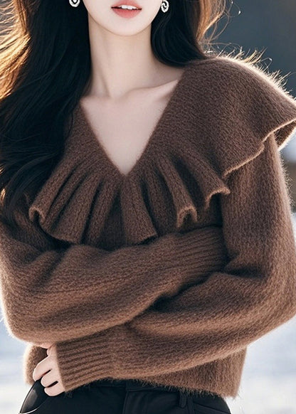 Stilvoller, kaffeefarbener Pullover mit V-Ausschnitt und Rüschen aus Wollstrick, Frühling TQ005