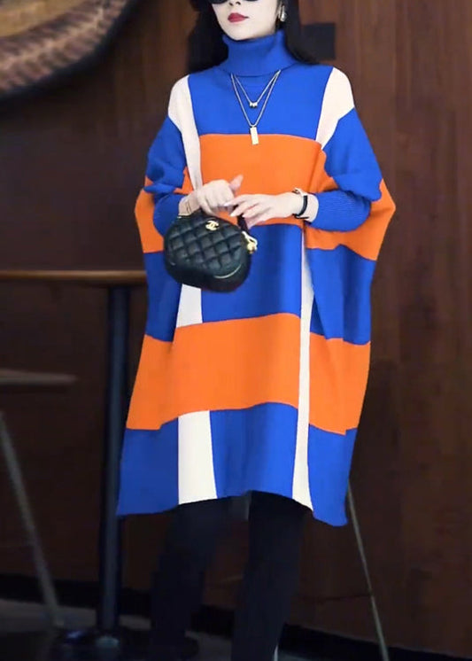 Robe élégante en tricot de laine à col montant et manches chauve-souris, colorblock RF003
