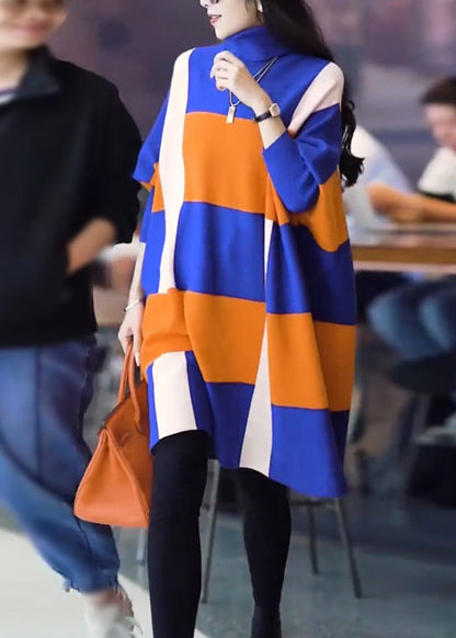 Robe élégante en tricot de laine à col montant et manches chauve-souris, colorblock RF003