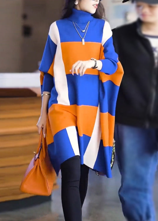 Robe élégante en tricot de laine à col montant et manches chauve-souris, colorblock RF003