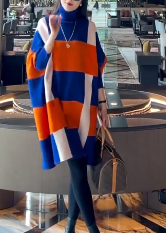 Robe élégante en tricot de laine à col montant et manches chauve-souris, colorblock RF003