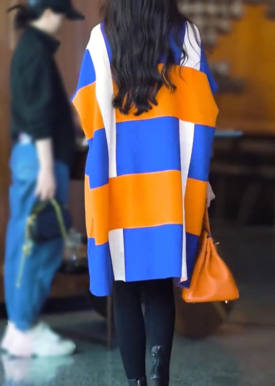 Robe élégante en tricot de laine à col montant et manches chauve-souris, colorblock RF003