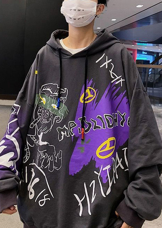 Sweat à capuche élégant en coton gris foncé pour homme, coupe ample, motif graphique, automne EQ007