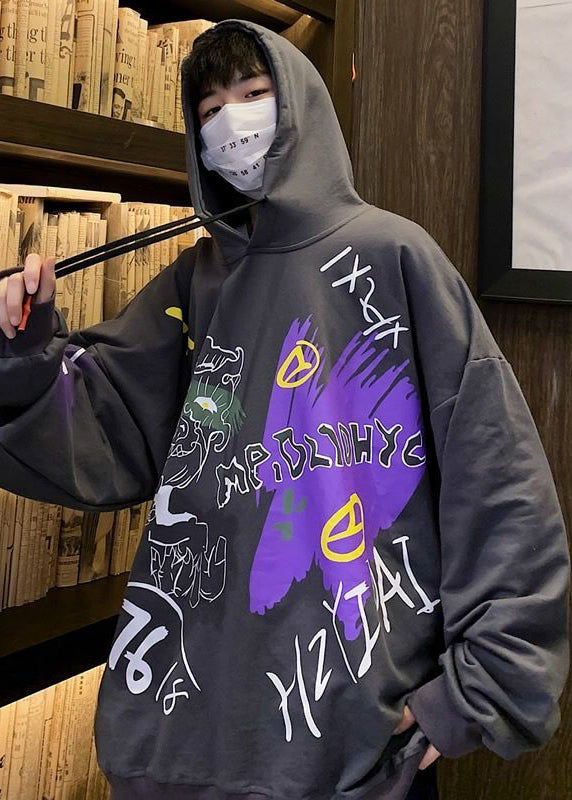 Sweat à capuche élégant en coton gris foncé pour homme, coupe ample, motif graphique, automne EQ007