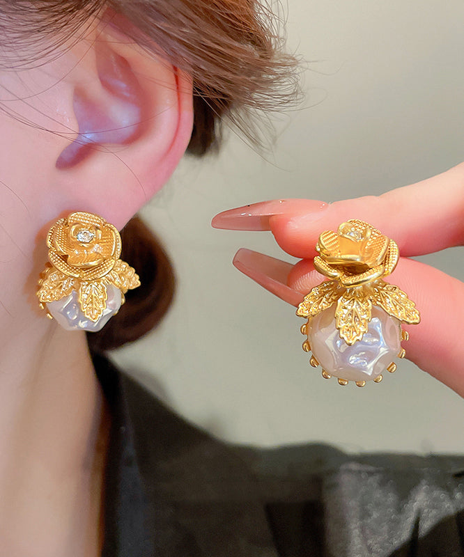 Stylish Gold Alloy Zircon Floral Pearl Stud Earrings WQ001