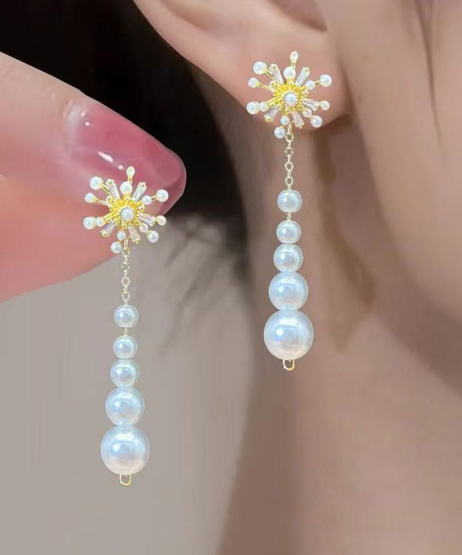 Stylish Gold Alloy Zircon Pearl Fireworks Tassel Drop Earrings RG004