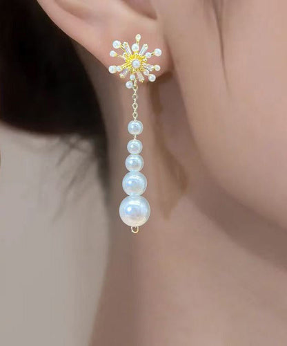 Stylish Gold Alloy Zircon Pearl Fireworks Tassel Drop Earrings RG004