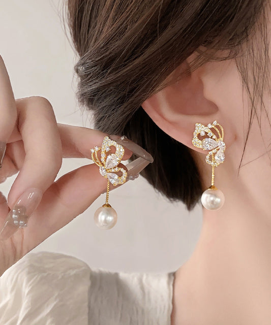 Stylish Gold Sterling Silver Overgild Zircon Butterfly Pearl Drop Earrings YX019